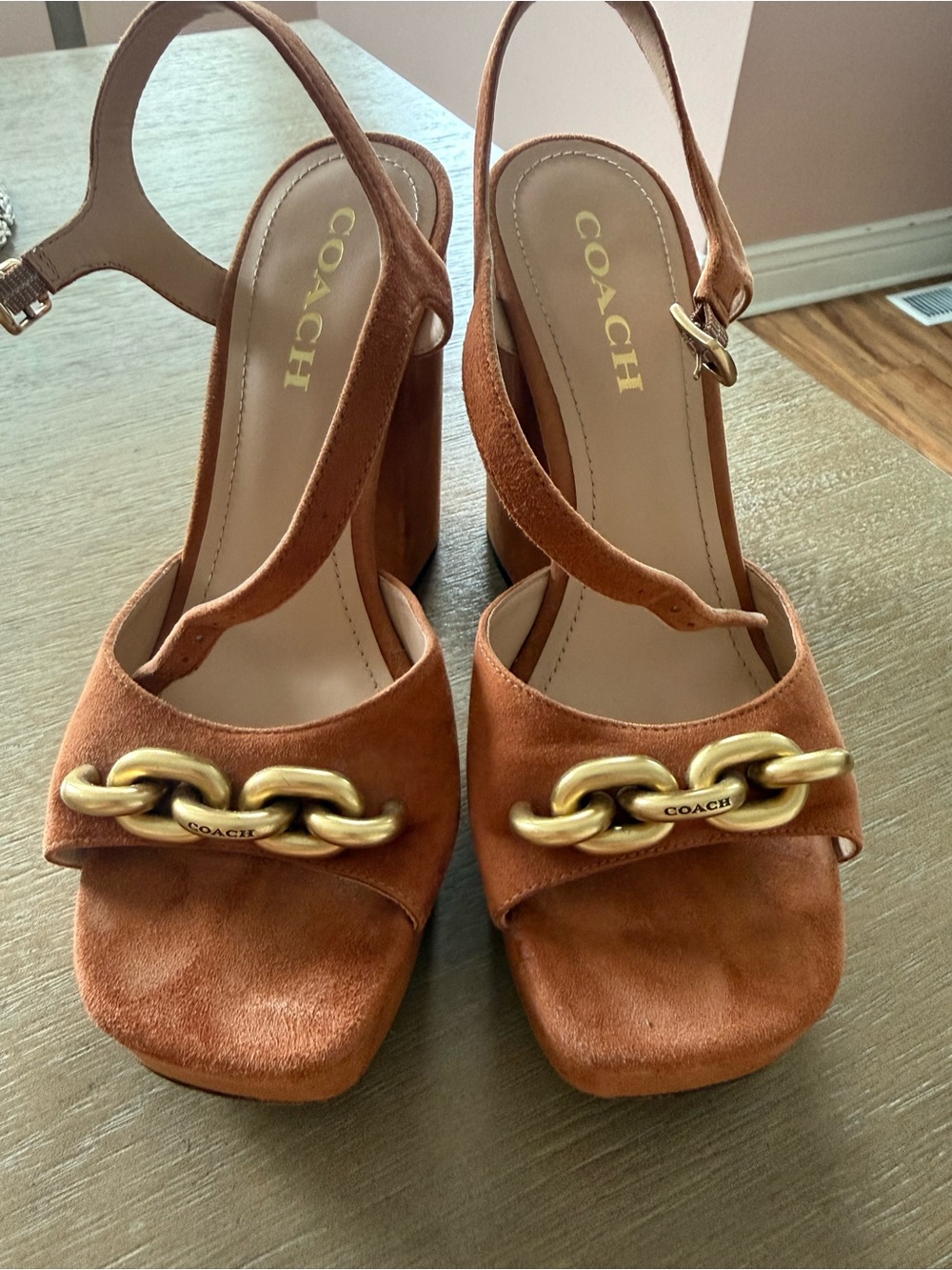 Coach Rust Suede Chain-Embellished Block Heel Sandals - Picture 5 of 10